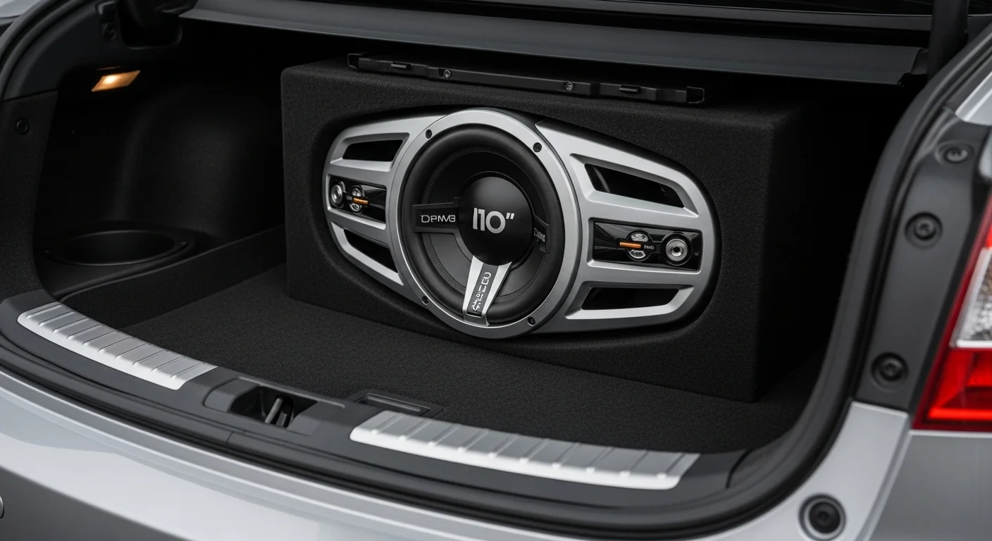 Primer plano de una bocina de 10 pulgadas para carro instalada en un maletero, mostrando la calidad y potencia del car audio.