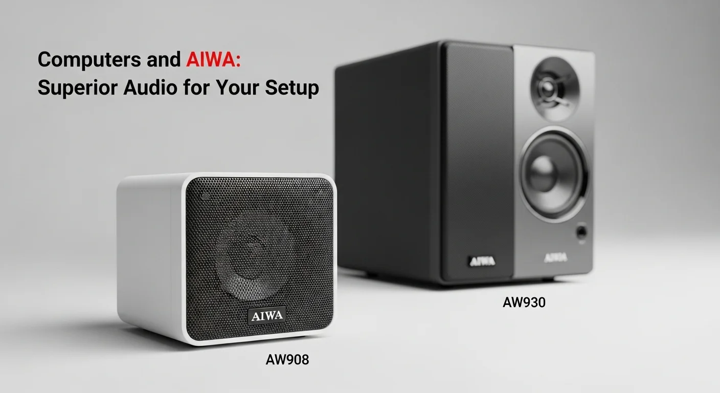 Una imagen comparativa que muestra la bocina Aiwa AW908 junto a la más grande bocina Aiwa AW930, resaltando sus diferencias de tamaño y potencia.