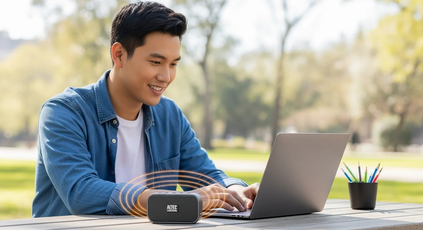 Una persona trabajando en una laptop al aire libre con una bocina Altec Lansing mini conectada vía Bluetooth, mostrando portabilidad y tecnología.