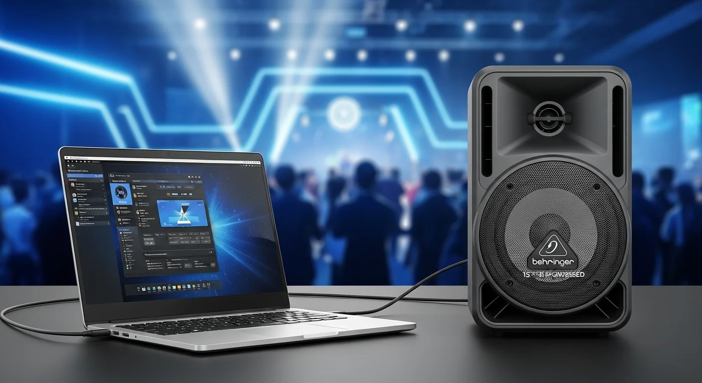 Laptop en un evento conectada a una bocina amplificada Behringer de 15 pulgadas, mostrando la integración de computadoras y audio