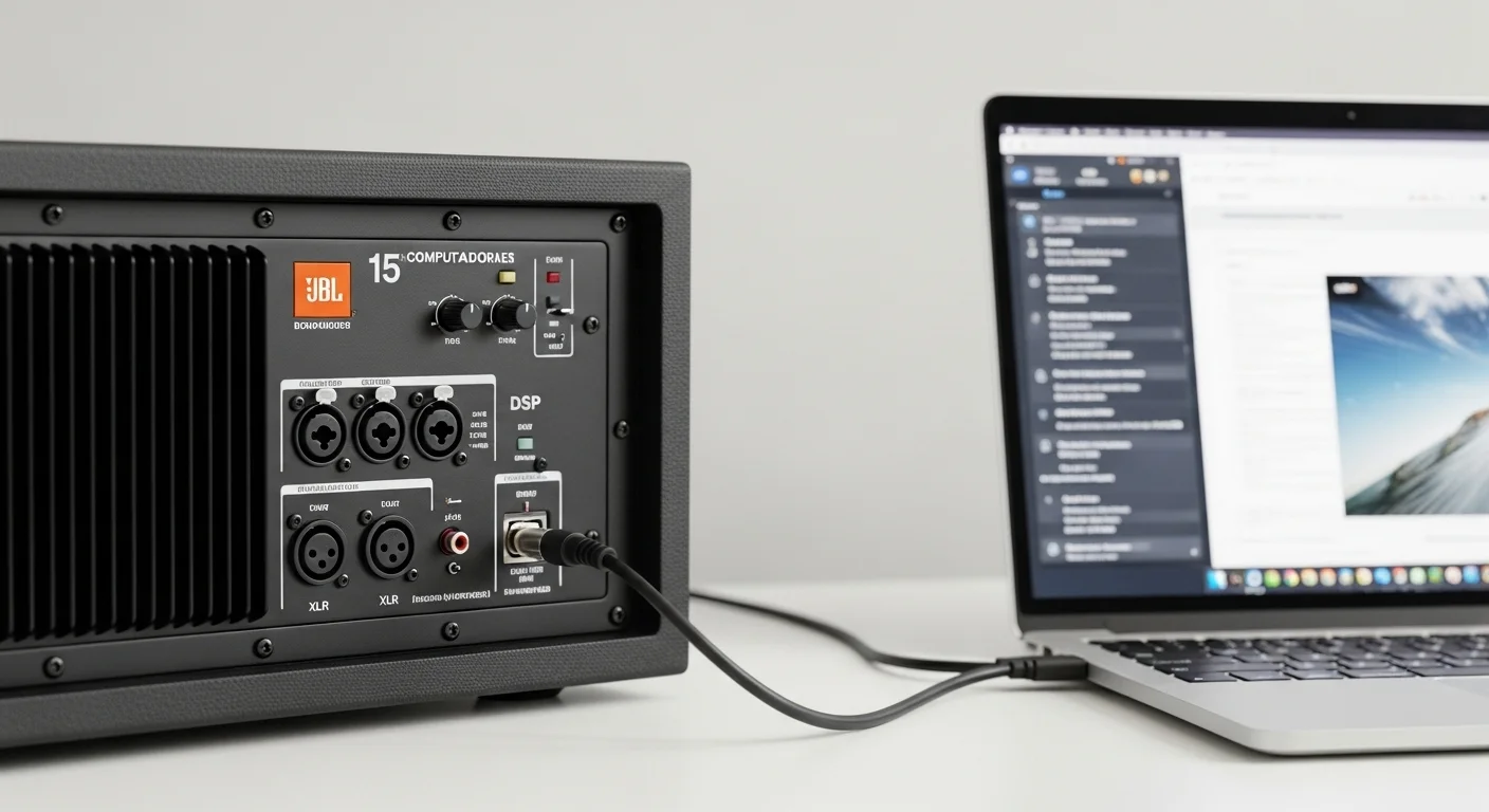 Panel trasero de una bocina amplificada JBL 15 pulgadas mostrando las entradas XLR y los controles de DSP, con un cable siendo conectado desde una laptop.