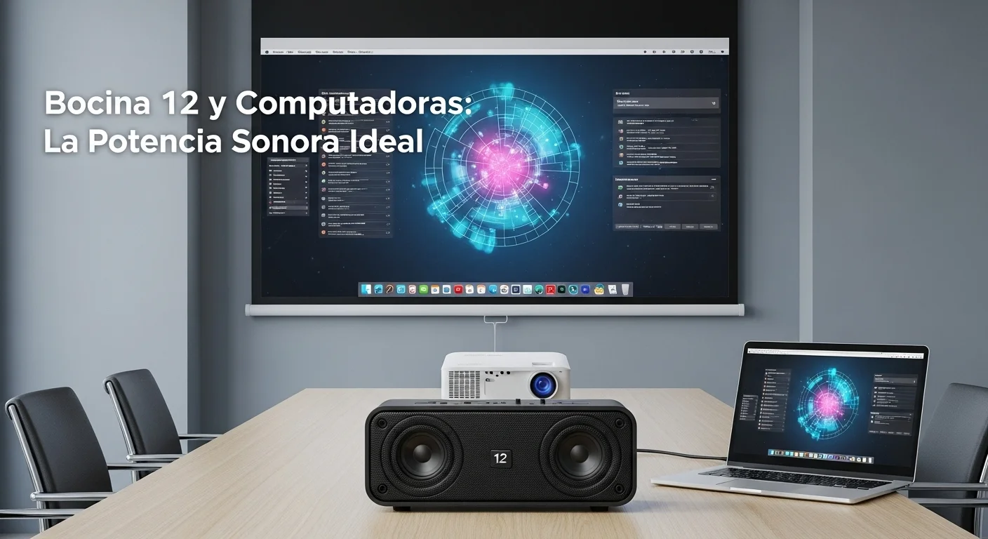 Una bocina bluetooth 12 pulgadas ubicada en una sala de reuniones moderna, junto a una laptop y una pantalla de proyección, mostrando su uso profesional.