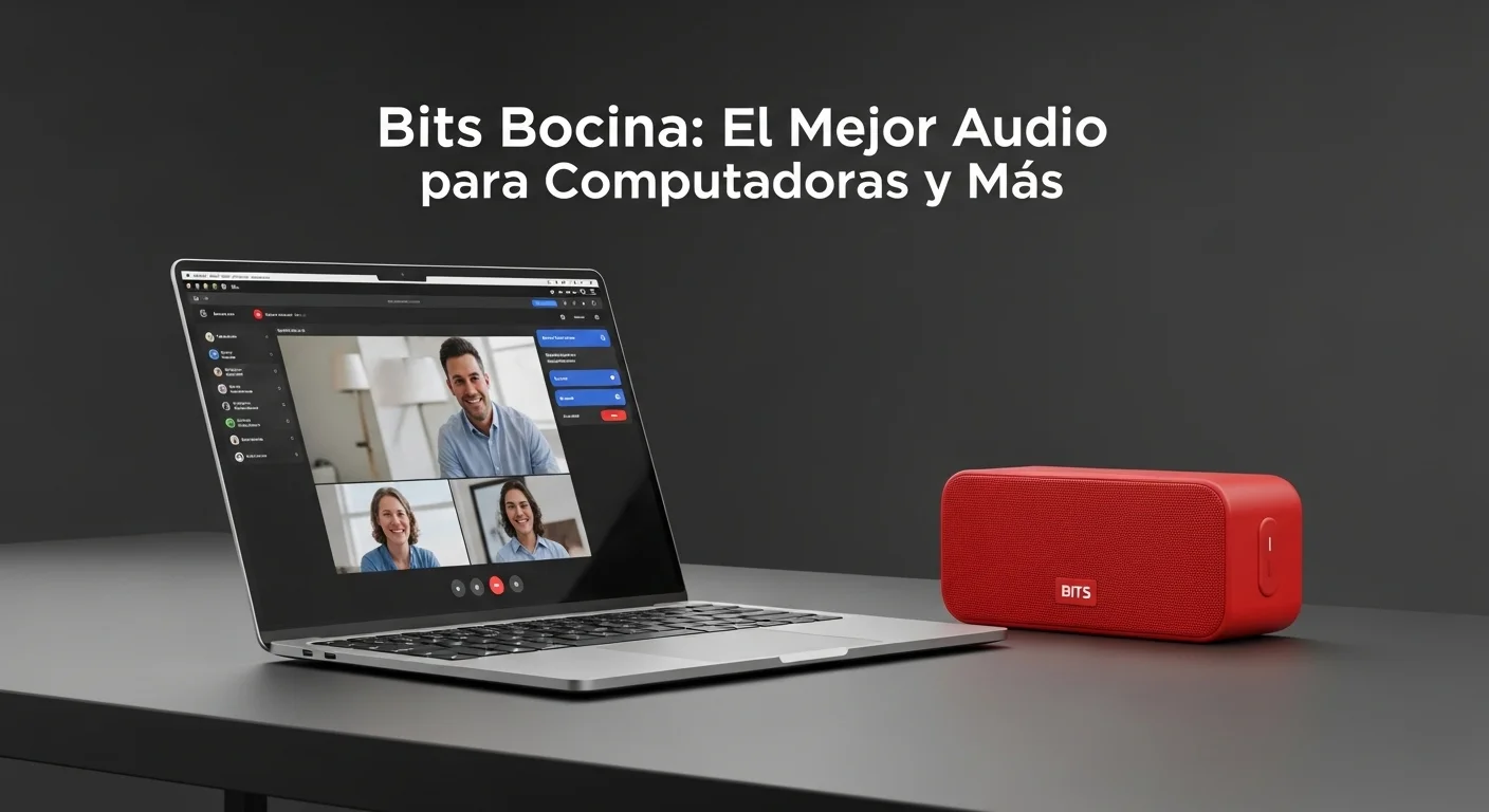 Setup de escritorio con una bocina bluetooth link bits pequeña conectada a una laptop para una videoconferencia.