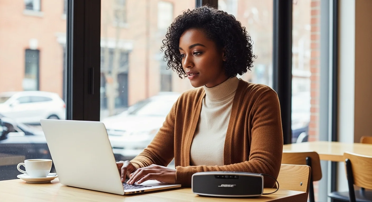 Persona usando una laptop en un café con una bocina Bose SoundLink Bluetooth para mayor portabilidad.