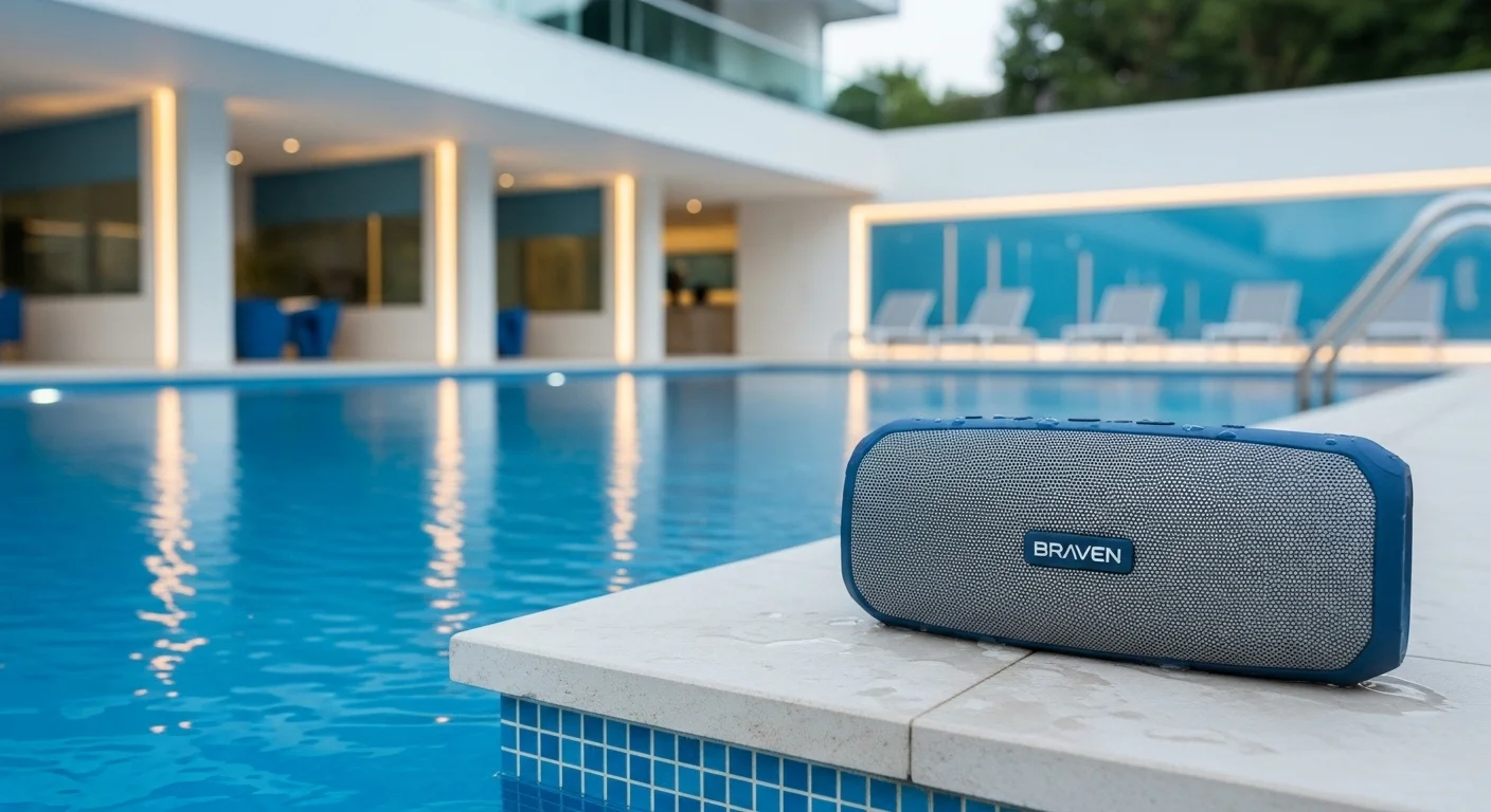 Bocina Braven portátil resistente al agua colocada junto a una piscina, mostrando su durabilidad y versatilidad como accesorio tecnológico.