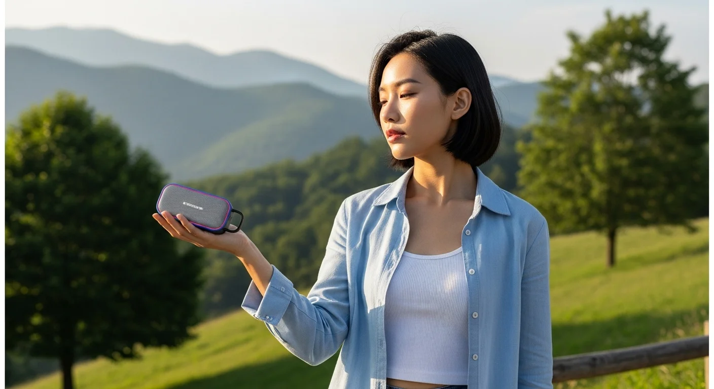 Una persona sosteniendo una bocina chica bluetooth en la mano, con un fondo de naturaleza, mostrando su portabilidad y diseño para el estilo de vida activo.
