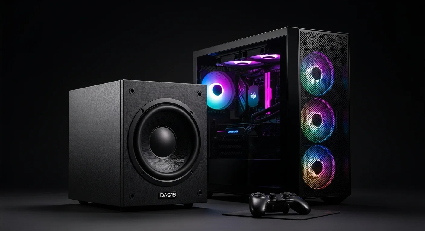 Un potente subwoofer bocina DAS 18 junto a una computadora para gaming, simbolizando el poder de los bajos en la experiencia inmersiva.