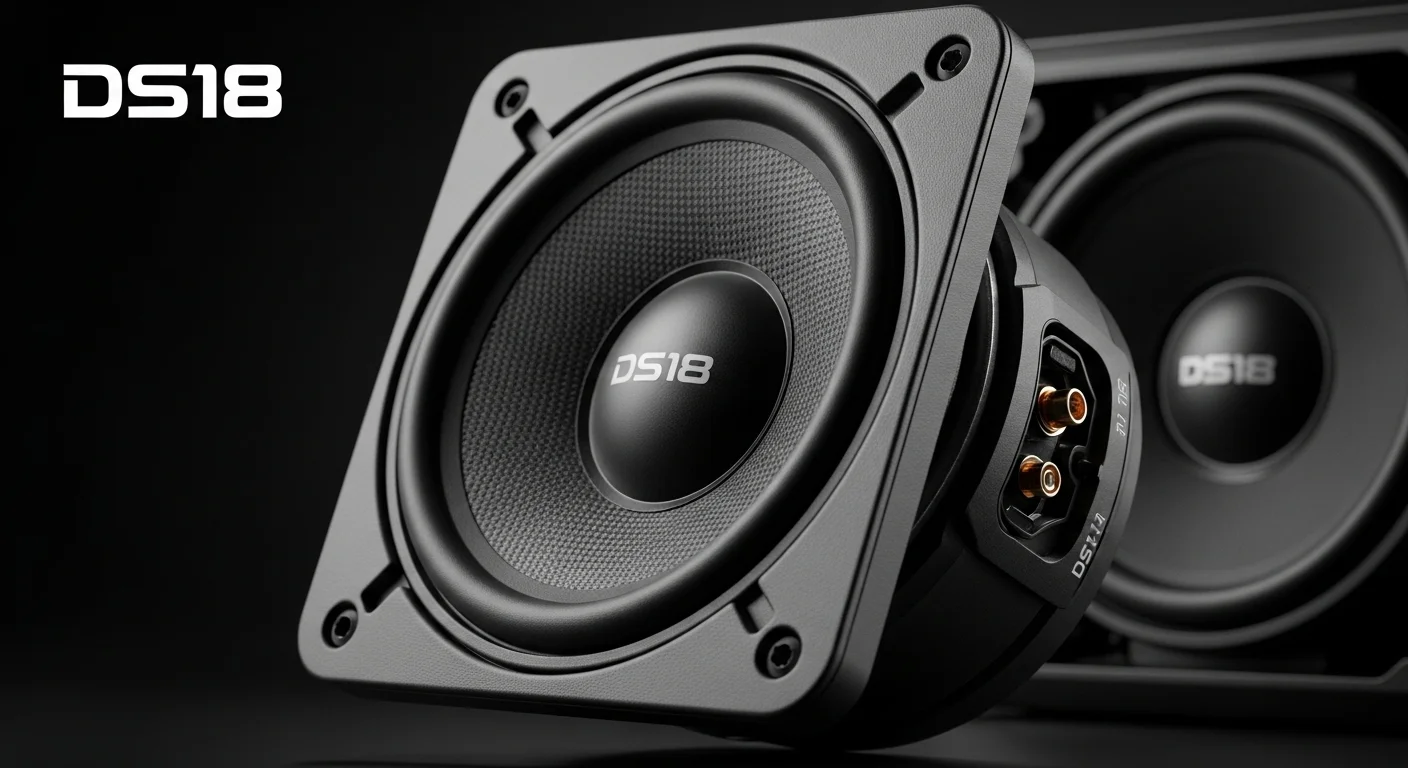 Primer plano de una bocina DS18 de 8 pulgadas, mostrando sus materiales de construcción y diseño robusto, simbolizando la tecnología y potencia para computadoras