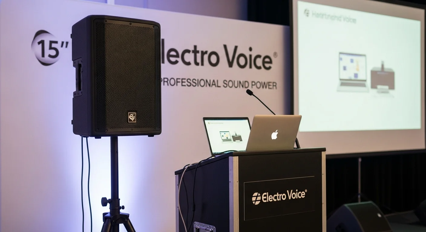 Bocina Electro Voice de 15 pulgadas en un trípode durante un evento corporativo, junto a una pantalla de proyección y una computadora en un podio.