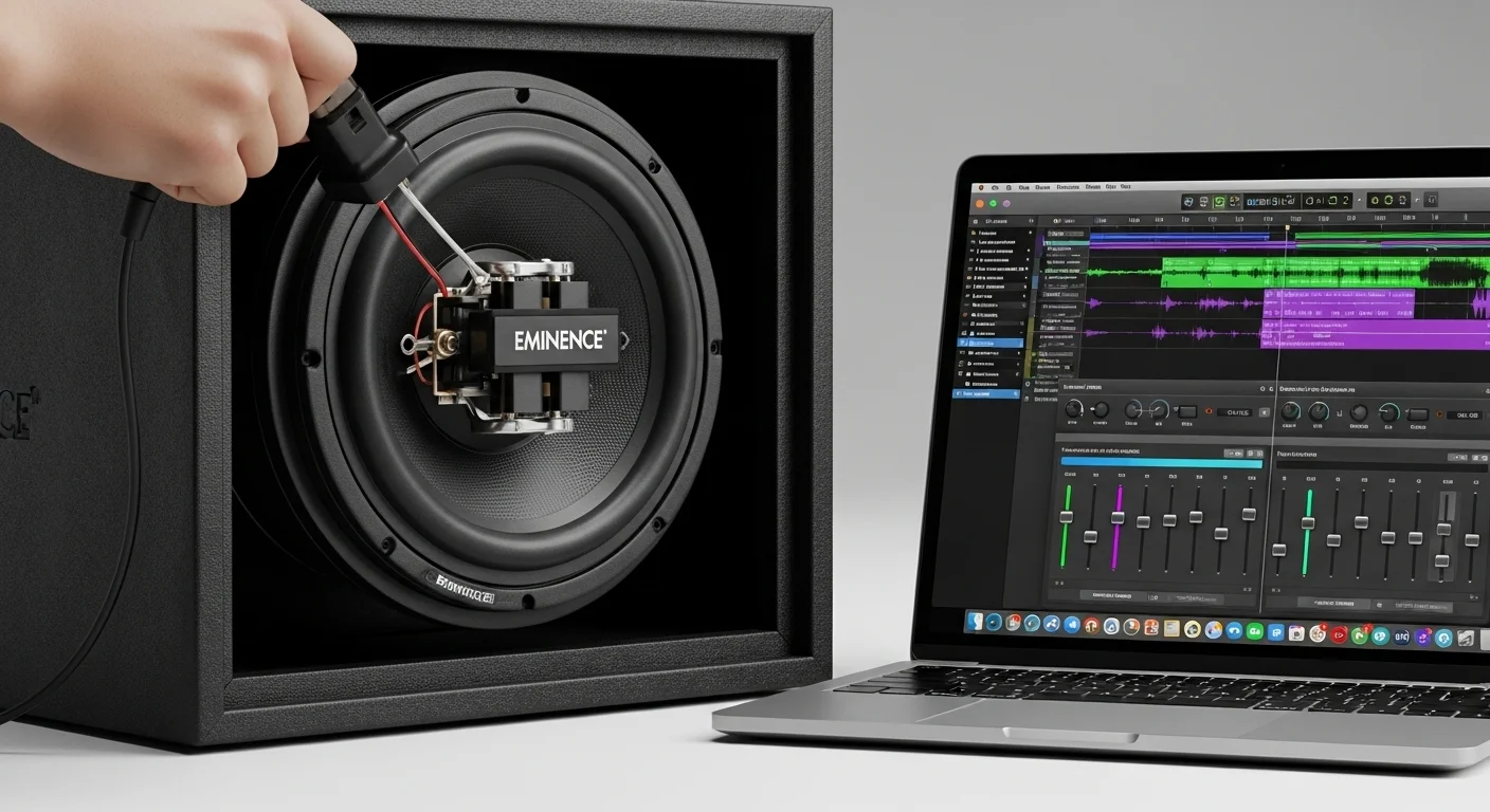 Primer plano de una bocina Eminence de 18 pulgadas siendo instalada en un gabinete de subwoofer junto a una laptop mostrando software de diseño de audio.