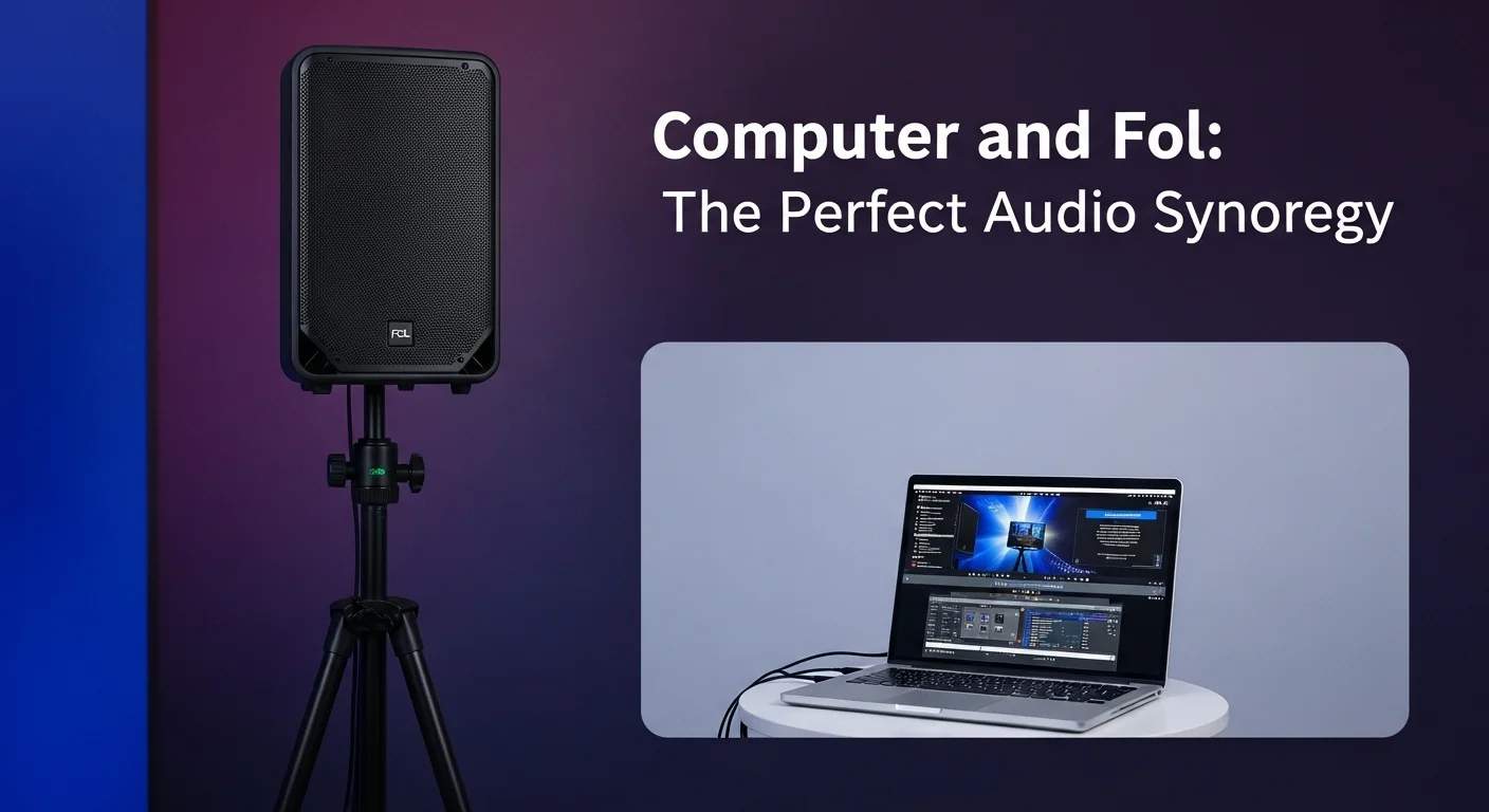 Una potente bocina Fol de 15 pulgadas con trípode instalada en un evento junto a una laptop, demostrando su uso profesional.