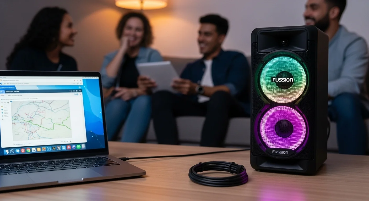 Una potente bocina fussion 15 pulgadas en el centro de una reunión social, con sus luces LED iluminando el ambiente, conectada a una laptop para reproducir música con alta fidelidad.