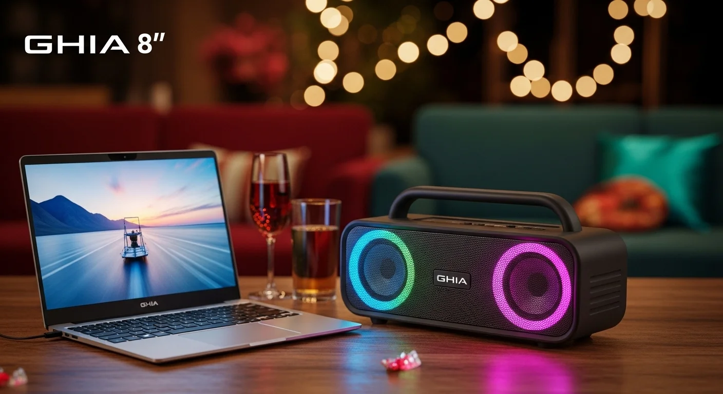 Bocina Ghia de 8 pulgadas en un ambiente festivo, mostrando sus luces LED y su diseño portátil, ideal para conectar con una laptop Ghia.