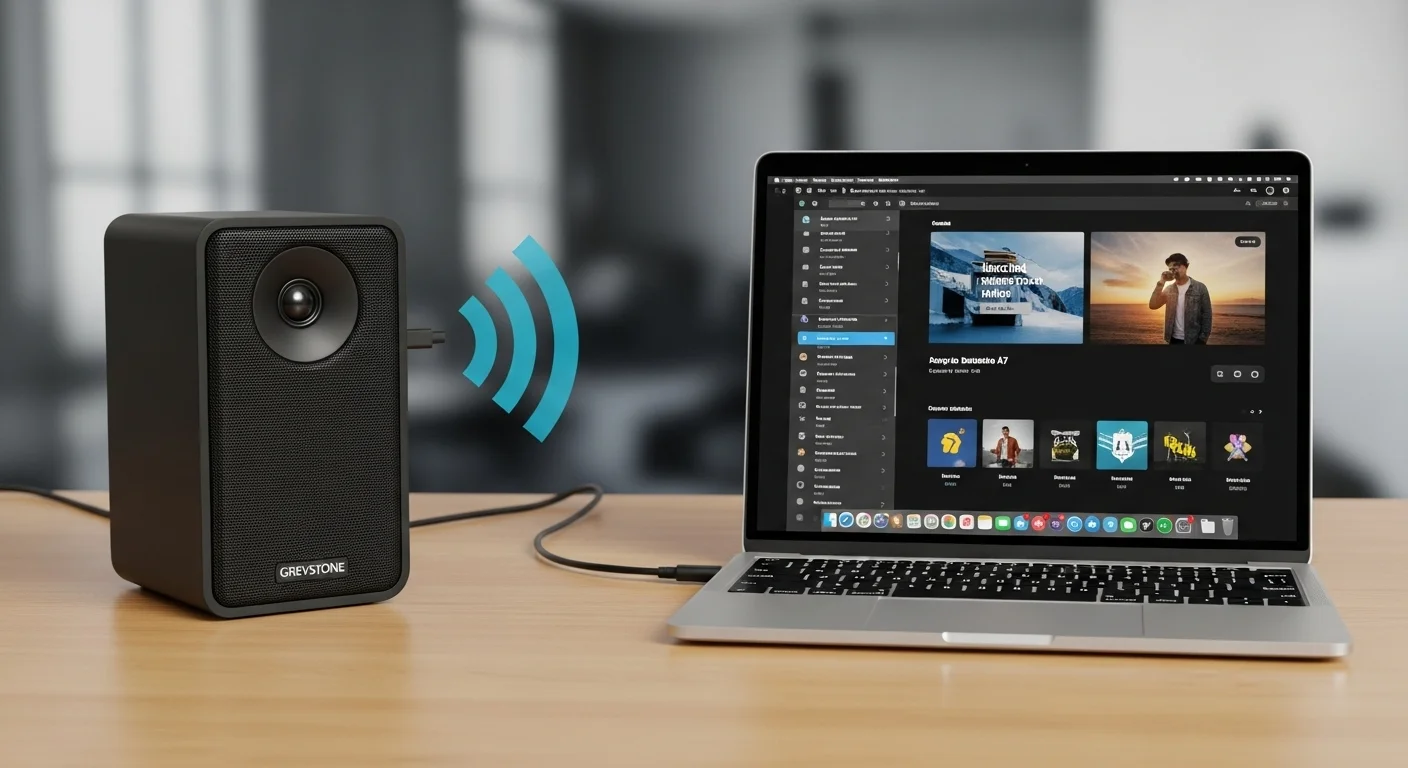 Primer plano de una bocina Greystone A7 conectada vía Bluetooth a una laptop, con música reproduciéndose en la pantalla, destacando la facilidad de uso.