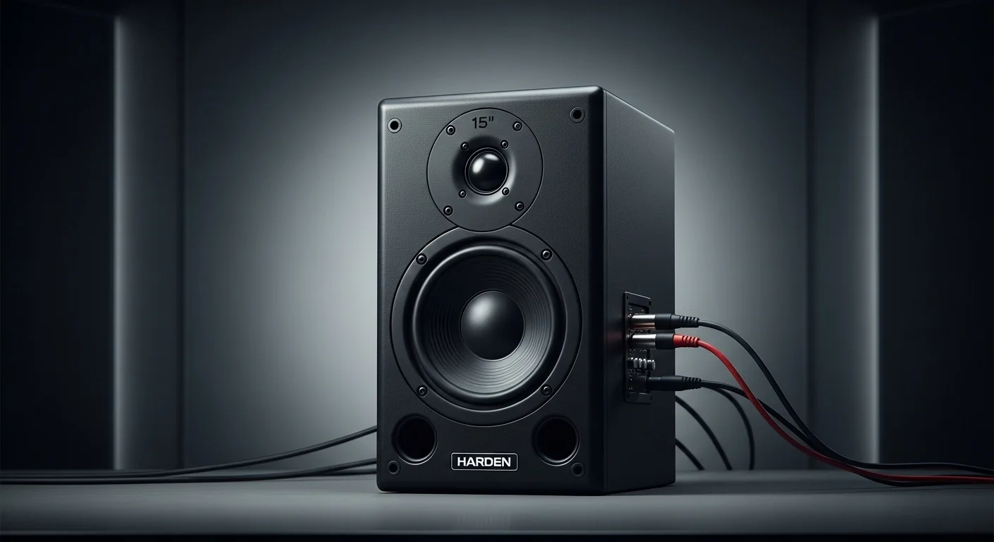 Bocina Harden de 15 pulgadas en un estudio, representando el audio profesional y la potencia de sonido. [13]
