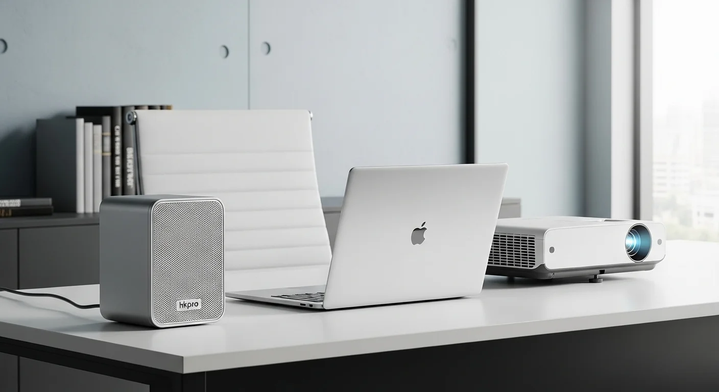 El minicomponente bocina Hkpro hkpmm77 en un escritorio de oficina, al lado de una laptop y un proyector, mostrando su versatilidad para negocios y presentaciones.