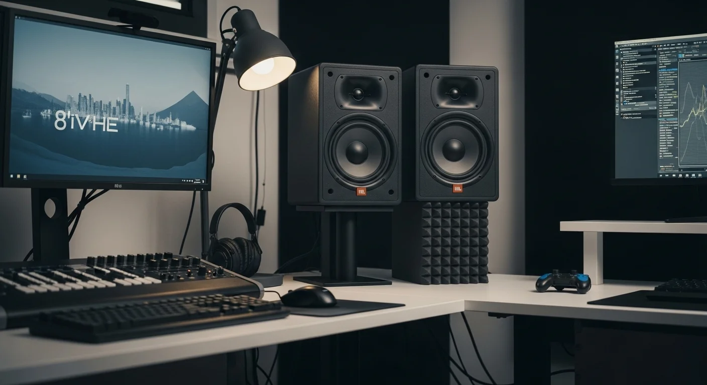Par de bocinas jbl 8 pulgadas en soportes de aislamiento acústico en un estudio casero, mostrando una configuración profesional para computadoras y producción de audio.