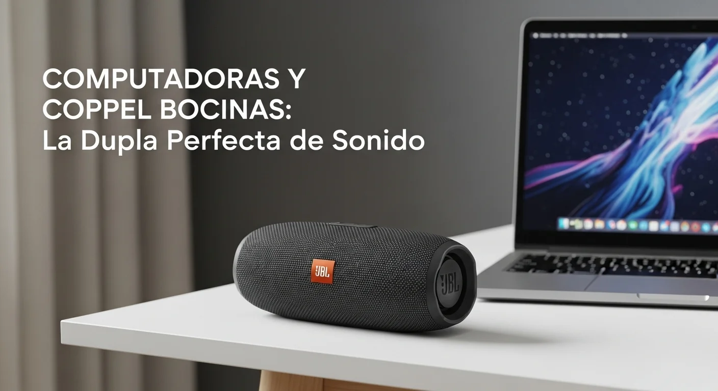 Una bocina JBL Coppel de estilo portátil sobre una mesa junto a una laptop, demostrando la conectividad entre computadoras y sonido de calidad.