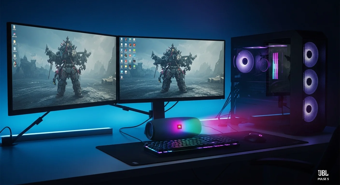 Un setup de computadora gamer con una bocina jbl pulse 5 iluminada, demostrando la sincronización de luces y su uso en tecnología de entretenimiento.