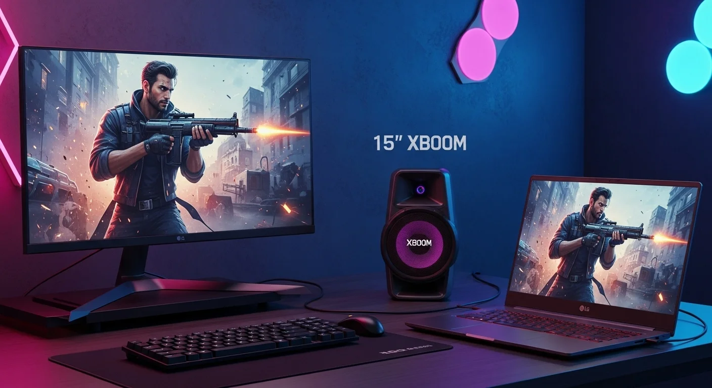 Ambiente de entretenimiento en casa con una laptop conectada a una bocina LG 15 pulgadas XBOOM, ideal para gaming y películas.