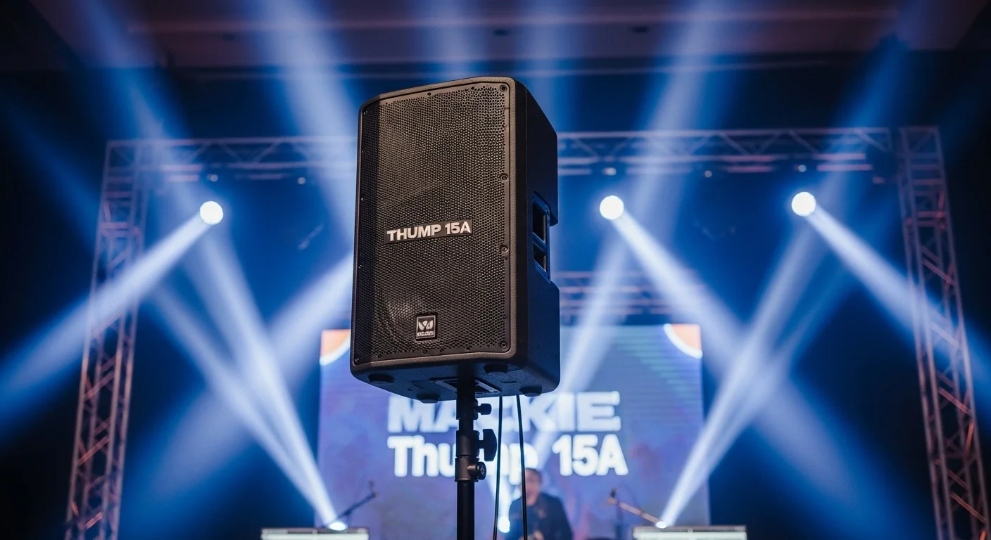 Una bocina mackie thump 15a montada en un trípode durante un evento, con luces de fondo, demostrando su uso en un entorno profesional.
