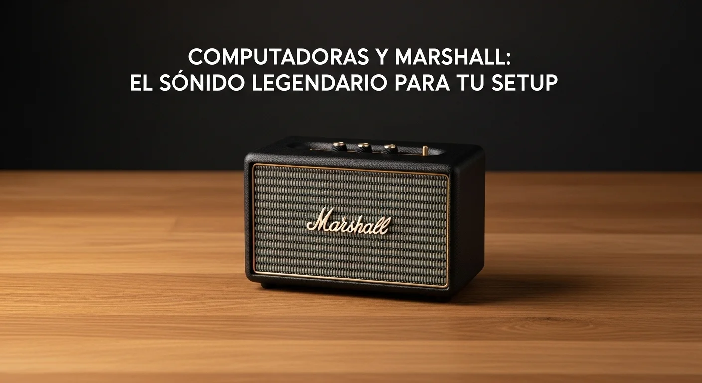 La bocina Marshall Emberton II sobre una superficie de madera, destacando su portabilidad y diseño icónico como accesorio para computadoras y dispositivos móviles.