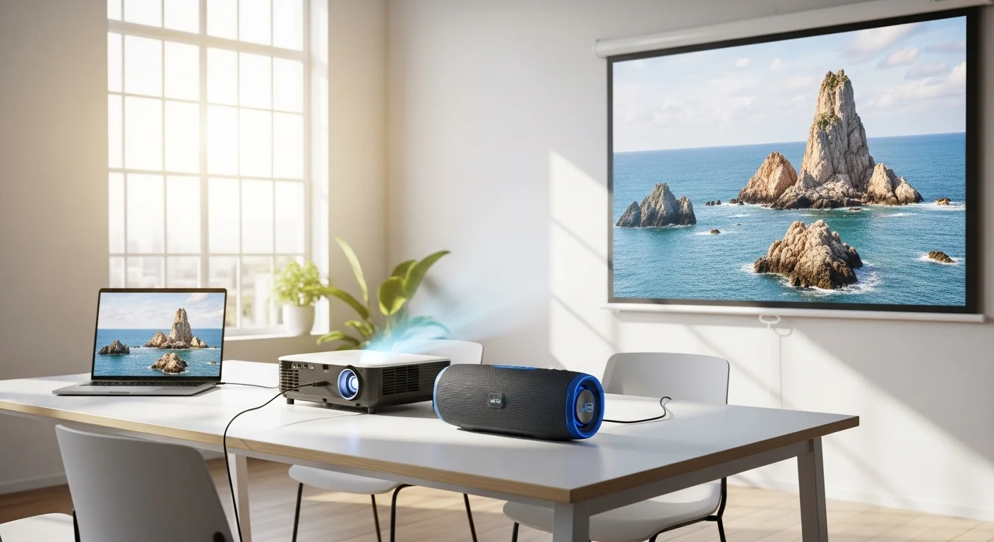 Una bocina UE Megaboom 3 en una sala de reuniones, conectada a un proyector y una pantalla, demostrando su uso en equipos de oficina y presentaciones.