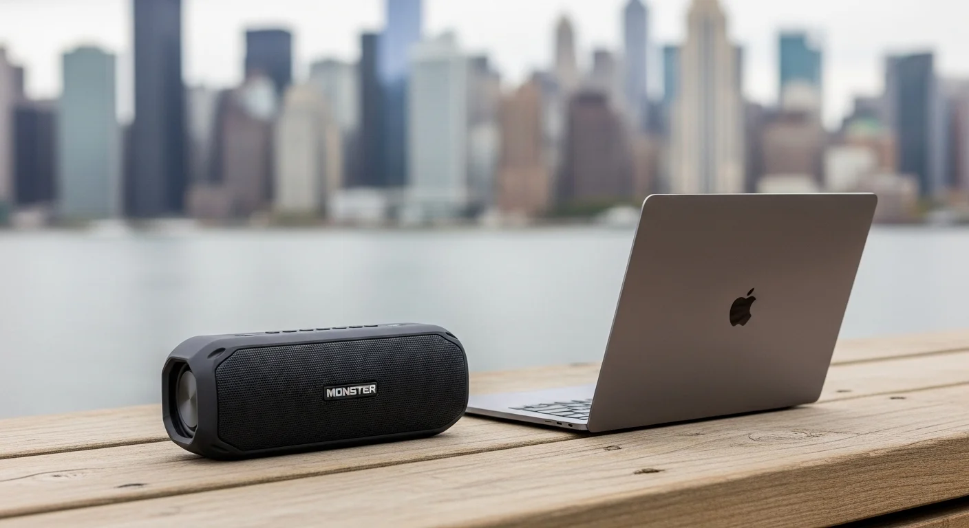 Bocina Monster Adventurer Max en un entorno exterior, destacando su portabilidad y resistencia, ideal para complementar laptops en movimiento.