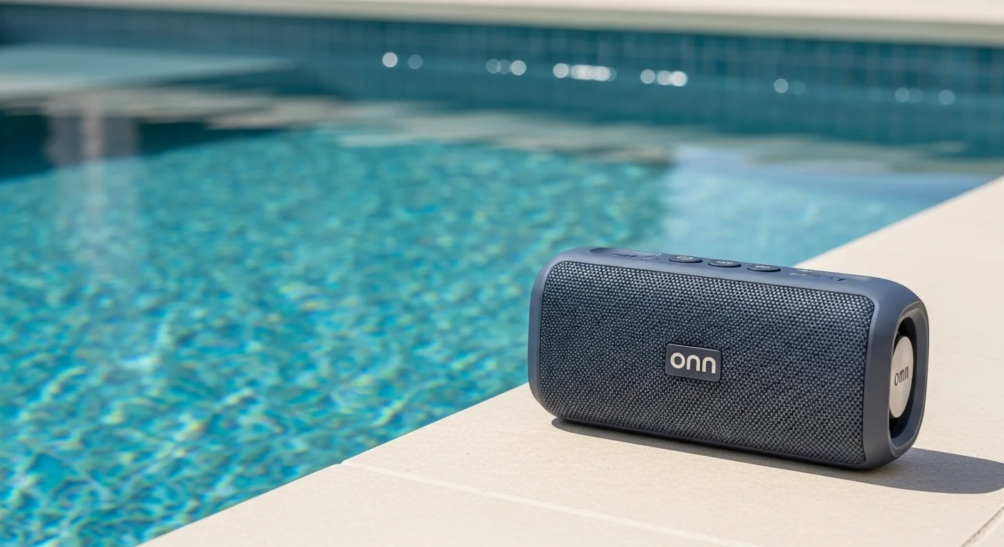 Imagen de primer plano de una bocina Groove Onn resistente al agua junto a una piscina, destacando su portabilidad y durabilidad
