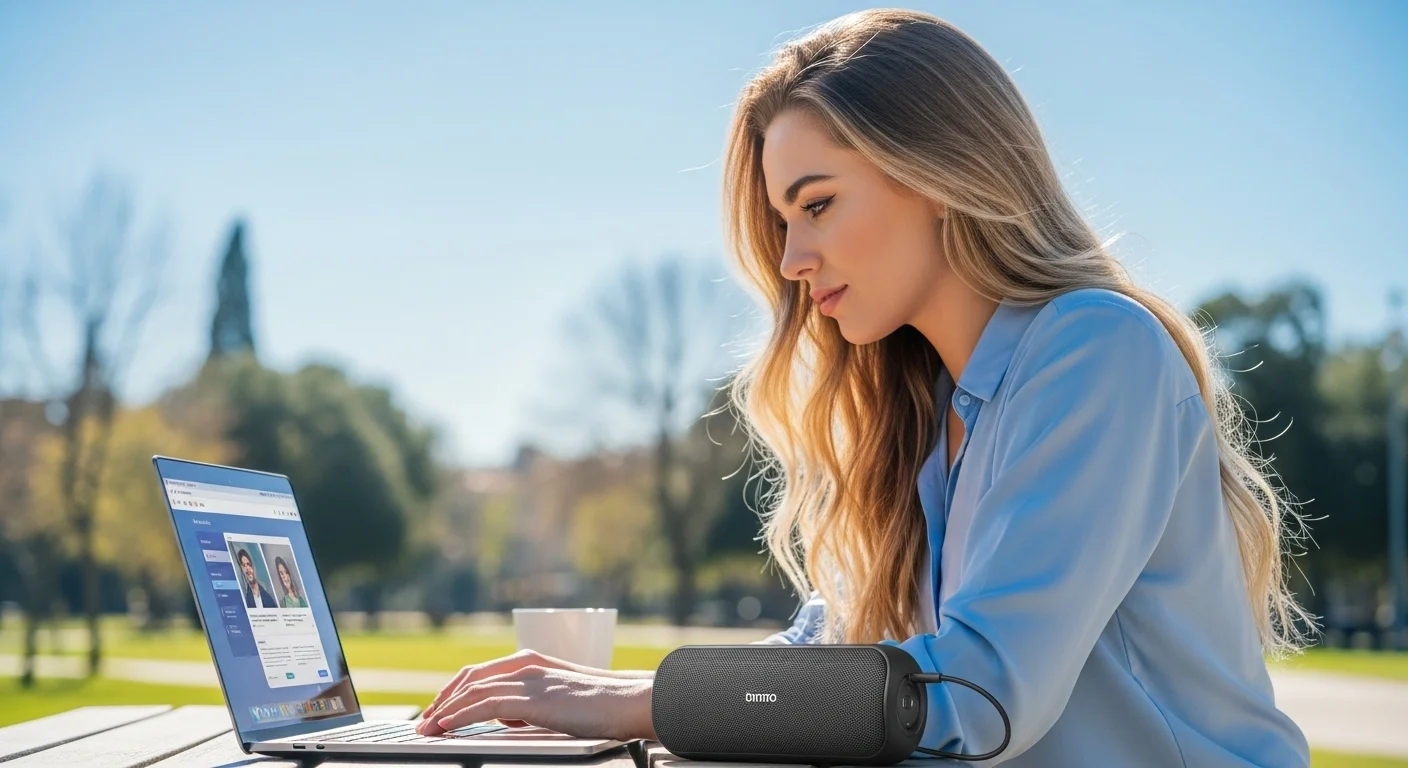 Persona utilizando una bocina portable wireless speaker conectada a una laptop en un ambiente exterior