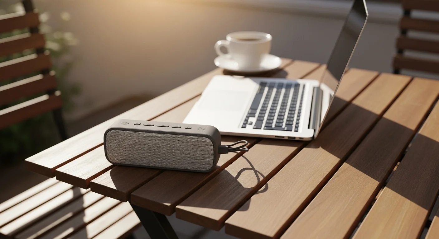 Una bocina portátil Bluetooth sobre una mesa de madera en una terraza, con una laptop y una taza de café al fondo, demostrando portabilidad y tecnología.