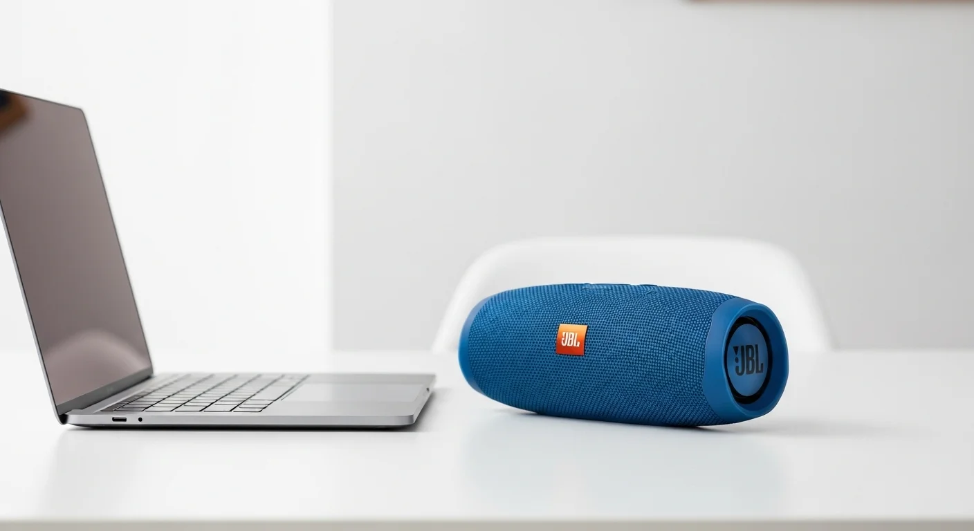 Bocina portátil JBL Flip 6 de color azul colocada junto a una laptop en un escritorio, mostrando la portabilidad y uso con computadoras.