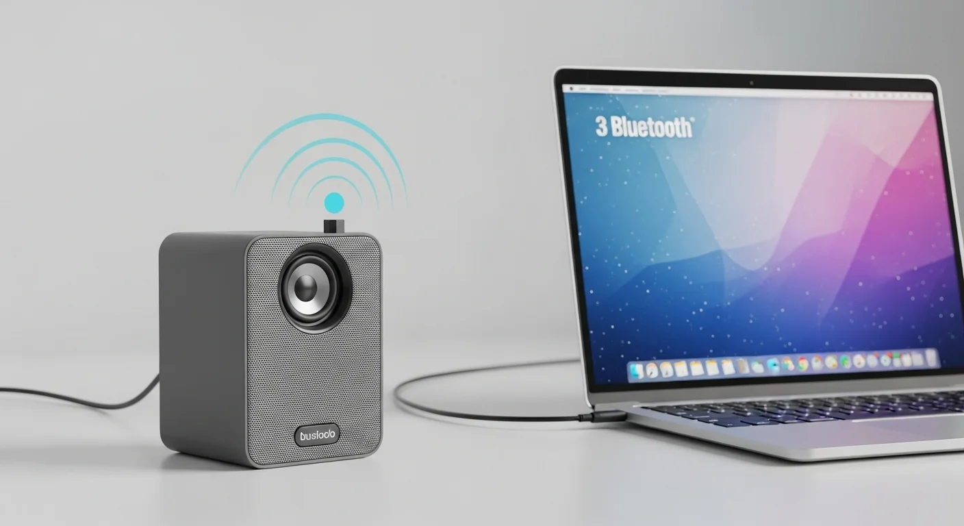 Bocina 3 portátil Bluetooth conectada a una laptop en una mesa de trabajo, mostrando versatilidad y movilidad.