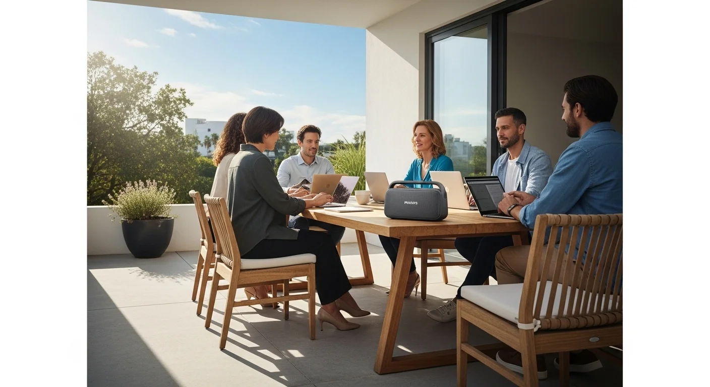 Bocina portátil Philips TANX100 utilizada en un patio durante una reunión, demostrando su portabilidad y uso con computadoras en cualquier lugar.