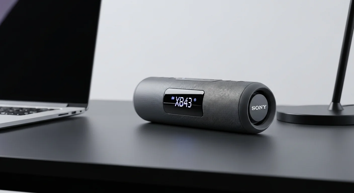 Una bocina portatil sony xb43 sobre un escritorio junto a una laptop, resaltando su portabilidad y diseño elegante.