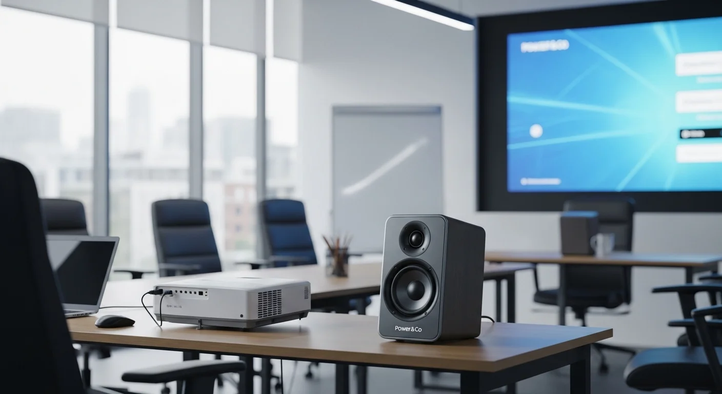 Una bocina Power & Co utilizada en una sala de reuniones junto a un proyector y una pantalla, demostrando su aplicación en entornos de oficina.