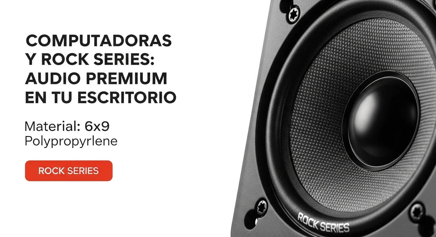 Un primer plano detallado de una bocina Rock Series 6x9, destacando la textura del cono de polipropileno y el tweeter, simbolizando la calidad de construcción y la potencia del audio para computadoras.