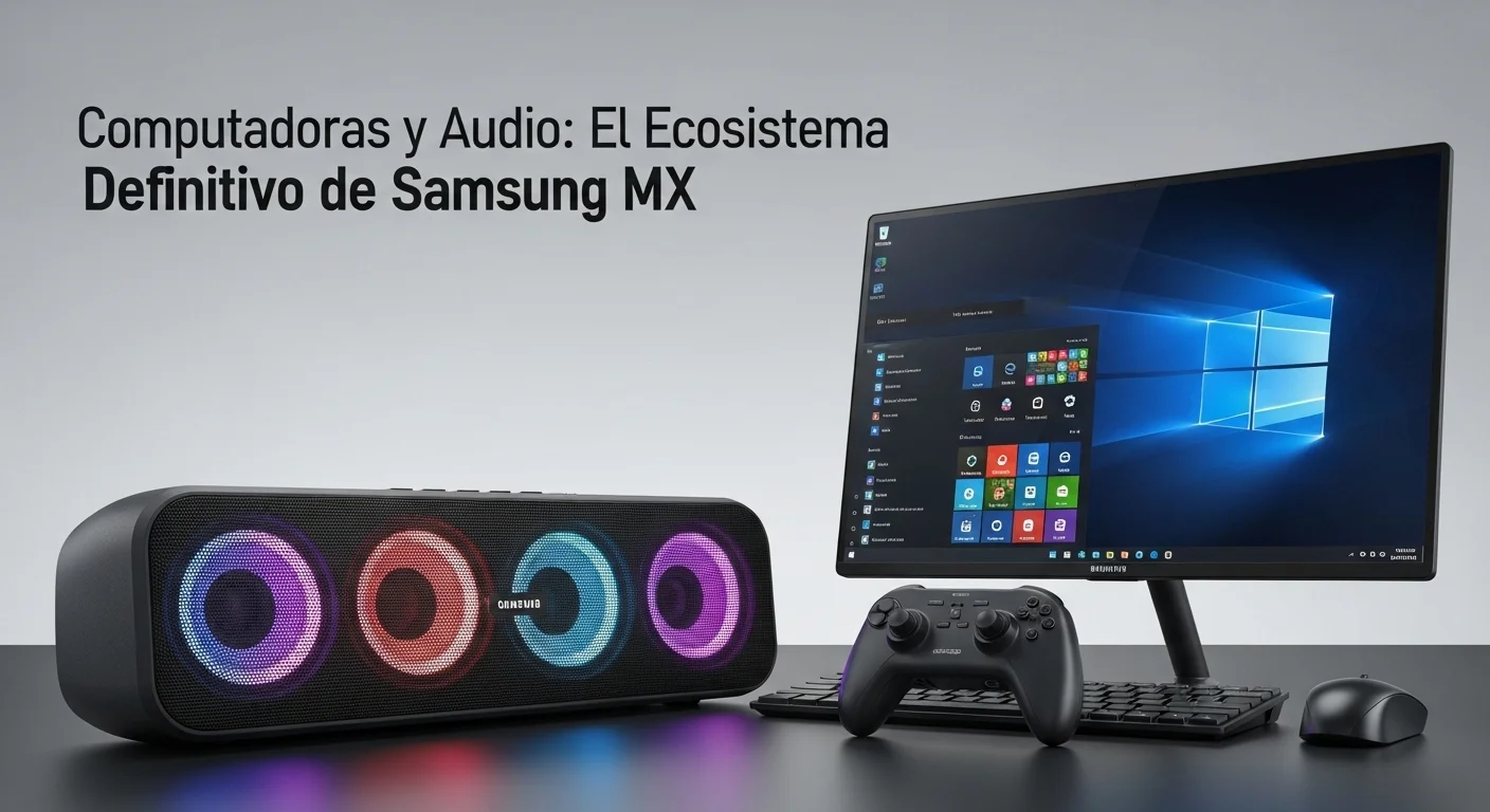 Una bocina Samsung MX-T70 con sus luces LED encendidas junto a una computadora Samsung, creando un ambiente de entretenimiento y productividad moderno.