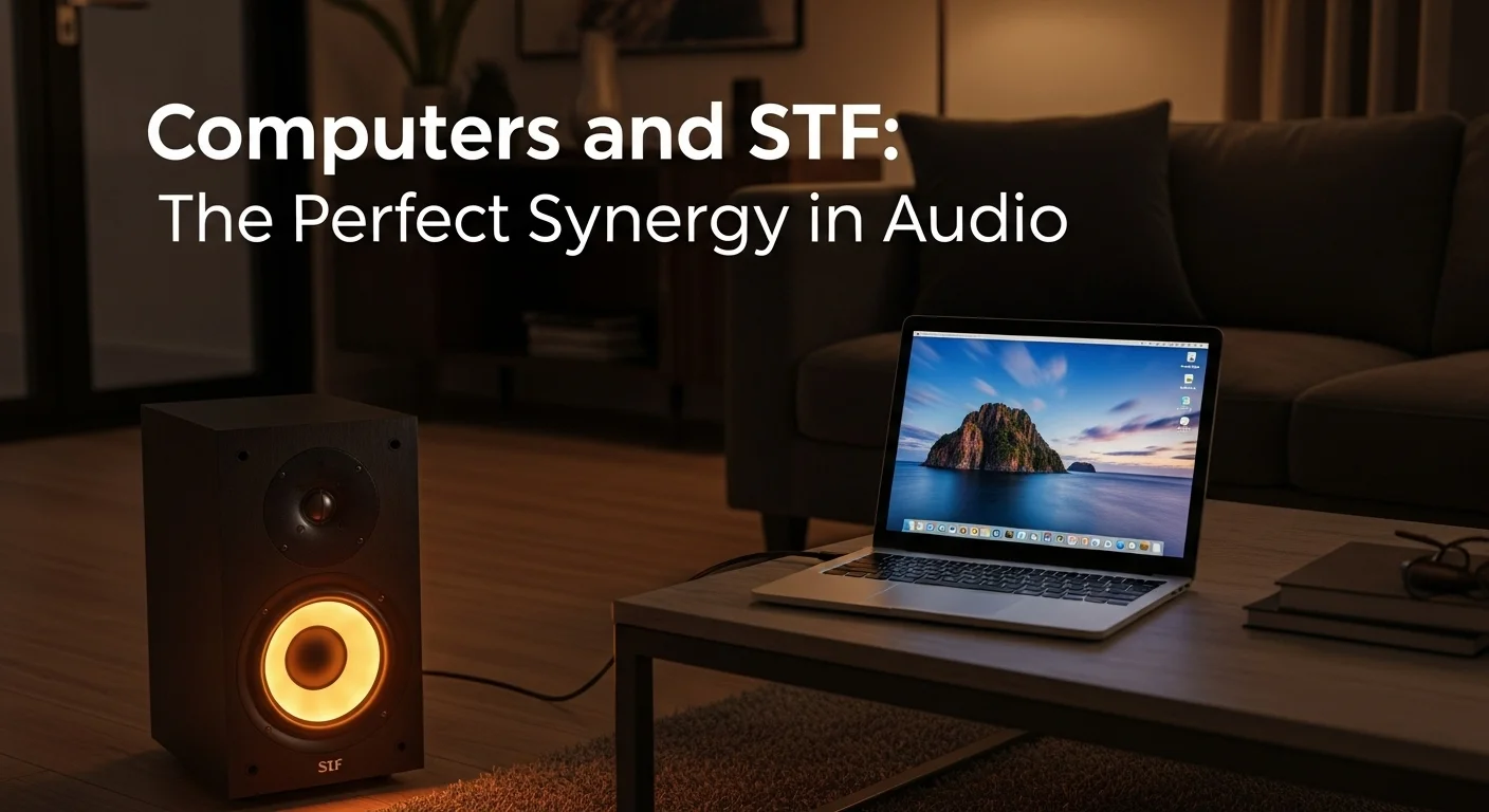 Una bocina Stf de 8 pulgadas en un salón, conectada a una computadora, con luces LED encendidas, lista para una sesión de entretenimiento.