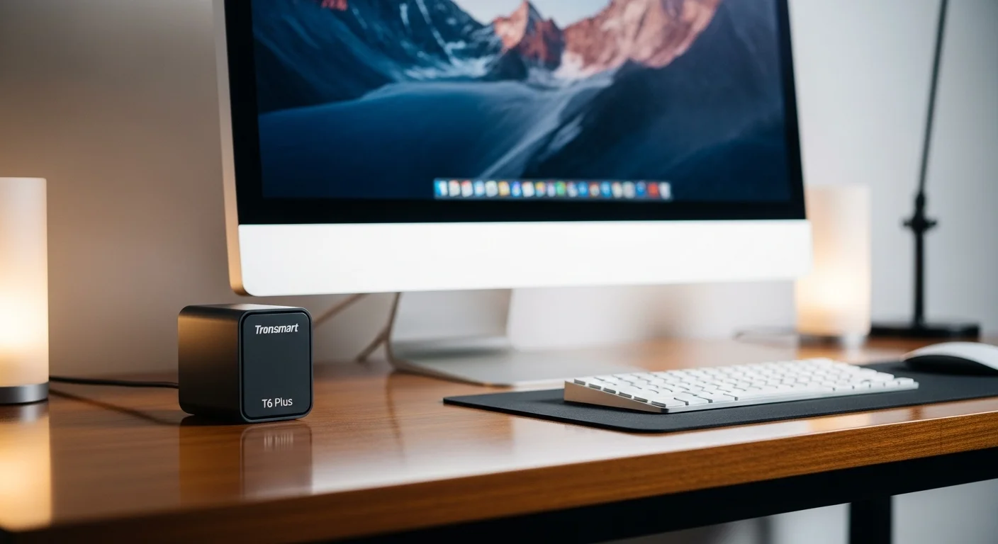 Una bocina Tronsmart T6 Plus en un escritorio moderno junto a un monitor de computadora y un teclado, mostrando un setup de trabajo optimizado.