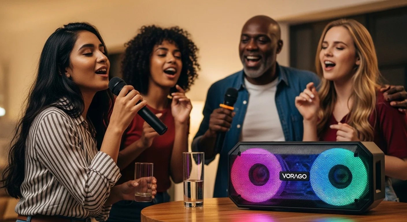 Bocina Vorago KSP 300 en un ambiente de fiesta, con sus luces LED encendidas y personas disfrutando de la música, destacando su uso para karaoke.
