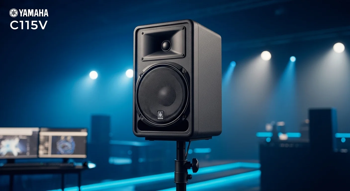 Una bocina Yamaha C115V montada en un atril durante un evento en vivo, mostrando su robustez y diseño profesional para aplicaciones de alto rendimiento