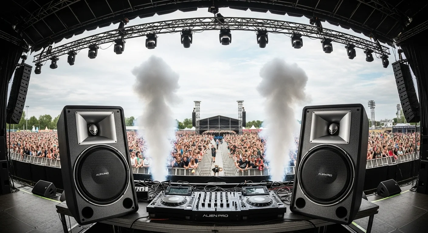 Dos bocinas Alien Pro 18 pulgadas en un evento, demostrando su capacidad y potencia en espacios grandes, relevantes para la renta de equipos.