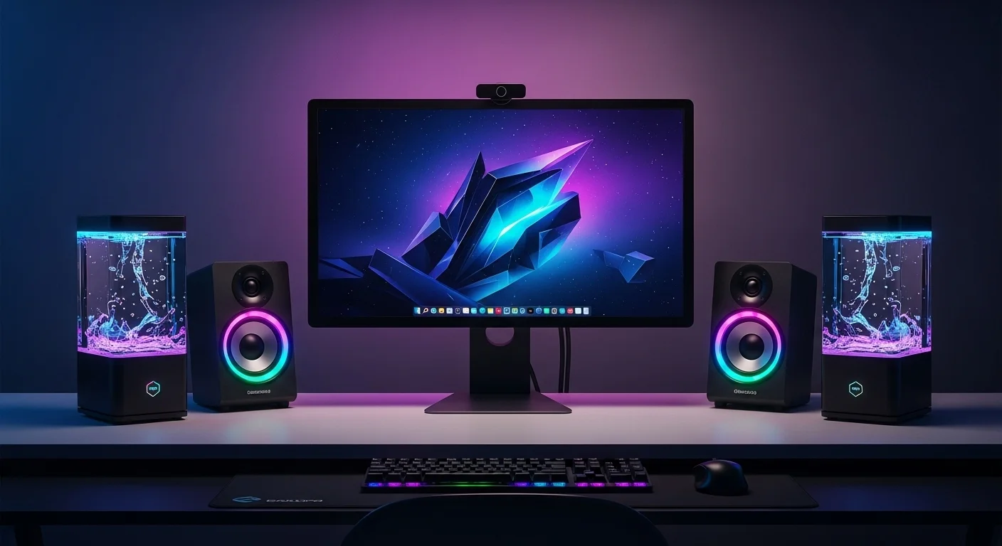 Escritorio moderno con un monitor de computadora y a los lados unas bocinas con agua danzante iluminadas con luces LED de colores.