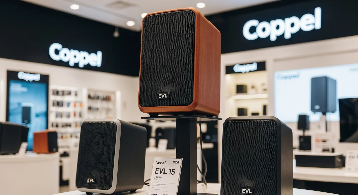 Exhibición de varias bocinas EVL en una tienda Coppel, destacando la bocina EVL 15 y su accesibilidad para los consumidores de computadoras y tecnología.