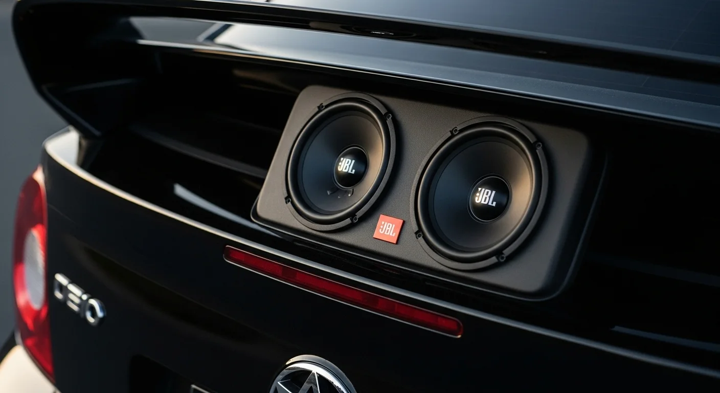 Primer plano de unas bocinas JBL para auto 6x9 instaladas en la bandeja trasera de un vehículo, mostrando el cono del altavoz y el logo de JBL.