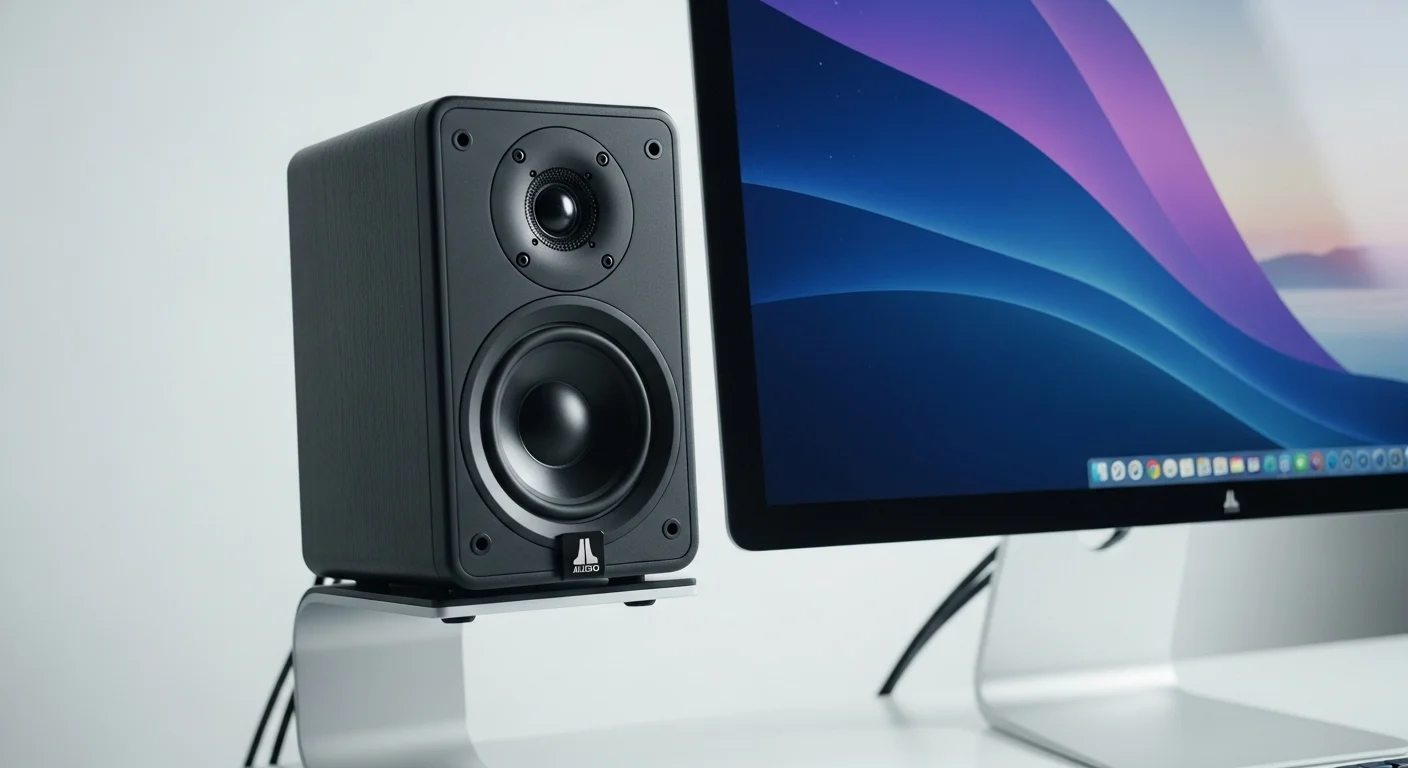 Primer plano de unas bocinas JL Audio 6.5 pulgadas en un soporte de escritorio junto a un monitor, simbolizando el audio de alta fidelidad para computadoras.