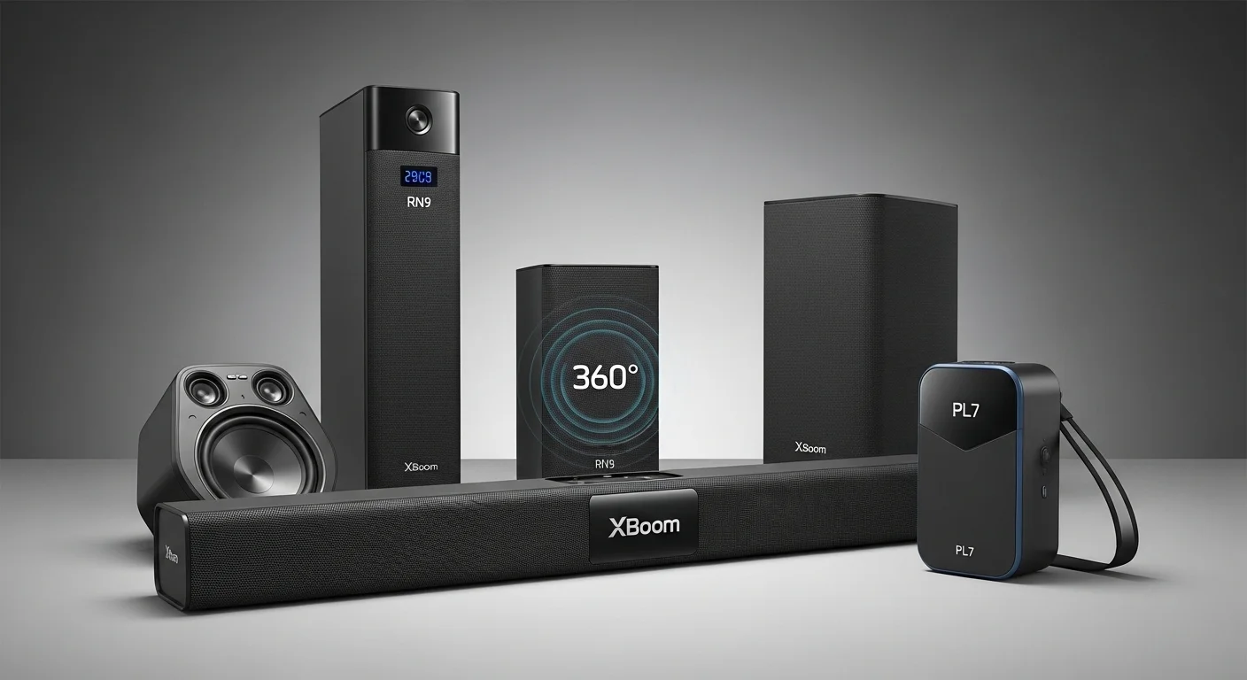 Una imagen mostrando la variedad de la familia de productos LG Xboom, incluyendo una torre RN9, una bocina 360 y un modelo portátil PL7, destacando la diversidad de opciones para computadoras.