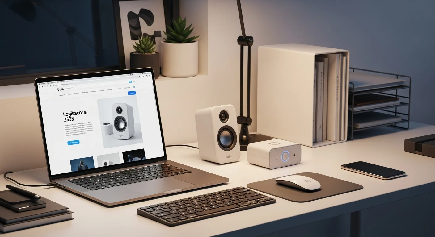Escritorio de oficina moderno con un laptop y un sistema de bocinas Logitech Z333, destacando su diseño compacto y el control de volumen.