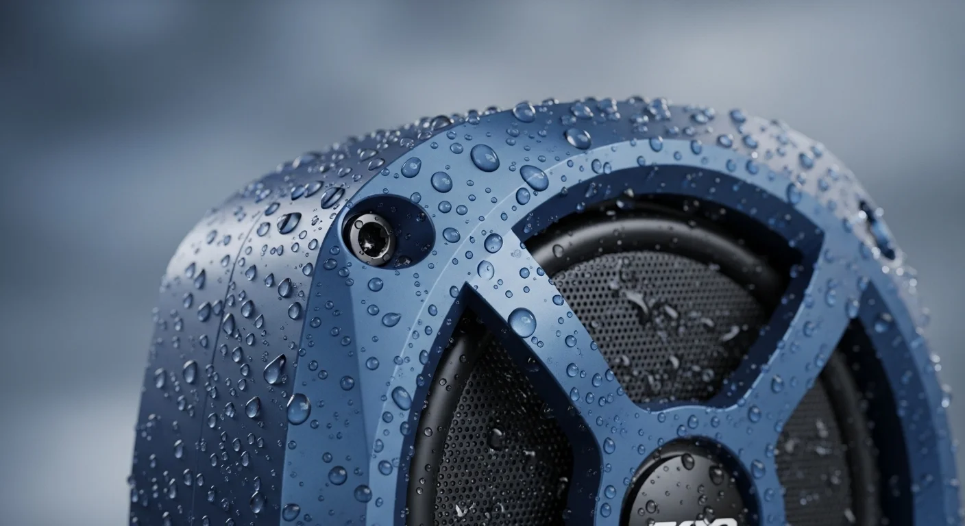 Acercamiento a una bocina para moto con gotas de agua, resaltando su característica impermeable y su relación con la tecnología de computadoras para su diseño.